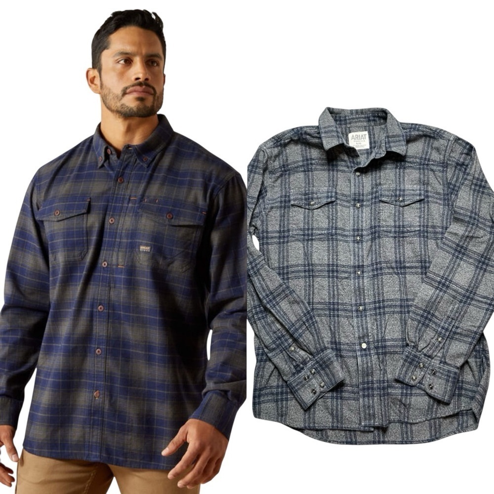 Ariat Rebar Flannel Plaid Pearl Snap Button Down Shirt Gray Blue Size Large